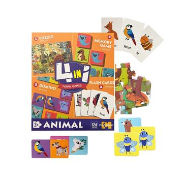 Imagen de Juego De Animales 4 en 1 Memoria Domino Puzzle Cartas Ingles