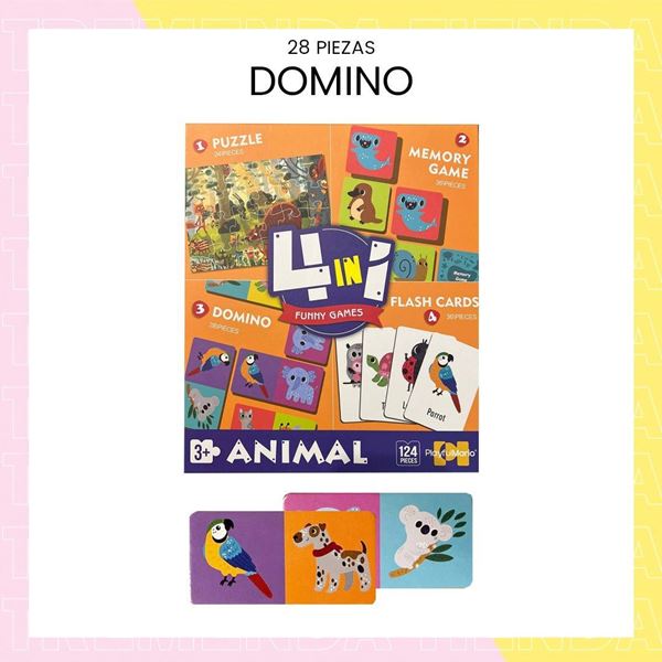 Imagen de Juego De Animales 4 en 1 Memoria Domino Puzzle Cartas Ingles