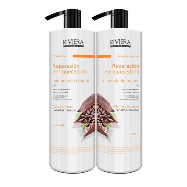 Imagen de Shampoo Sin Sal Riviera Manteca De Cacao Para Cabellos Dañados 1L+ Acondicionador Sin Sal 1L