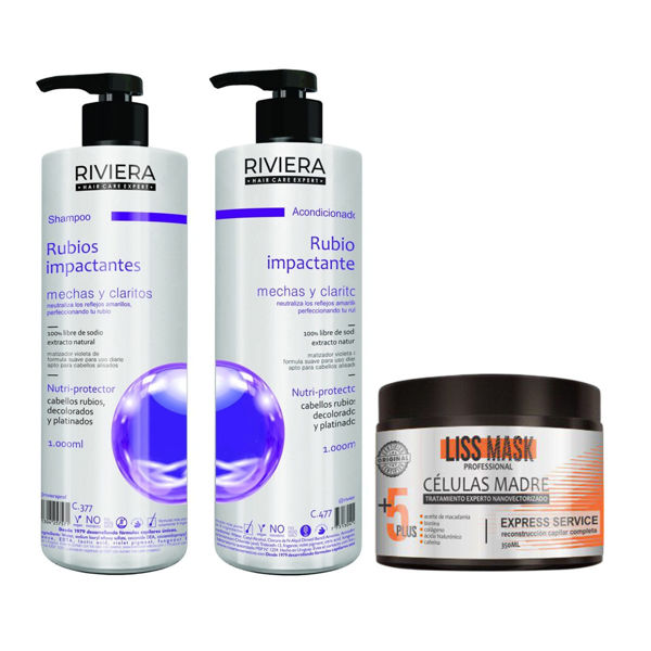 Imagen de Alisado De Células Madre Riviera 350gr + Shampoo Sin Sal Riviera Rubios Impactantes 1L +  Acondicionador Sin Sal 1L