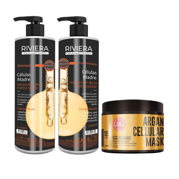 Imagen de Mascara De Células Madre Riviera 350gr + Shampoo Sin Sal Células Madre 1L + Acondicionador Sin Sal 1L