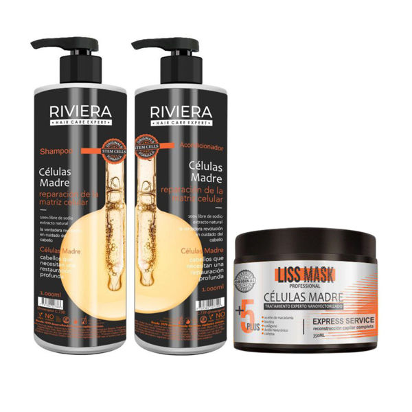 Imagen de Alisado De Células Madre Riviera 350gr + Shampoo Sin Sal Riviera Células Madre 1L + Acond Sin Sal 1L