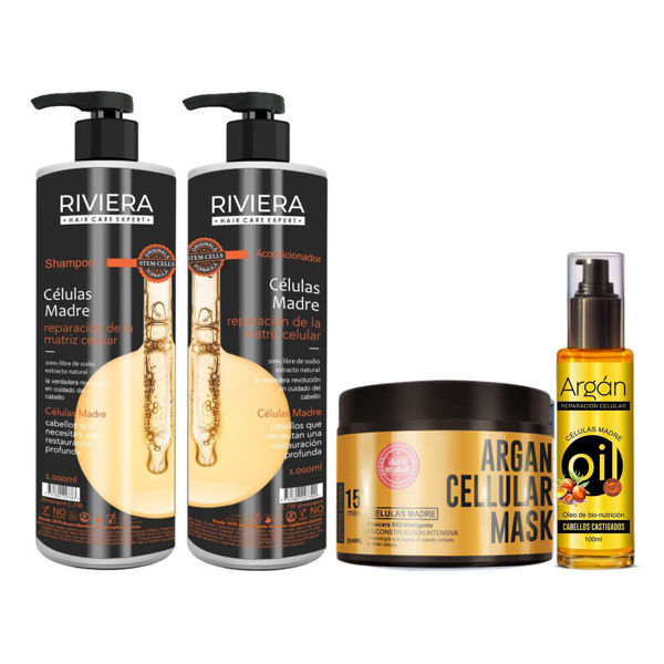 Imagen de Mascara De Células Madre Riviera 350gr + Shampoo Sin Sal 1L + Acondicionador Sin Sal 1L + Aceite Argán Oleo 100ml