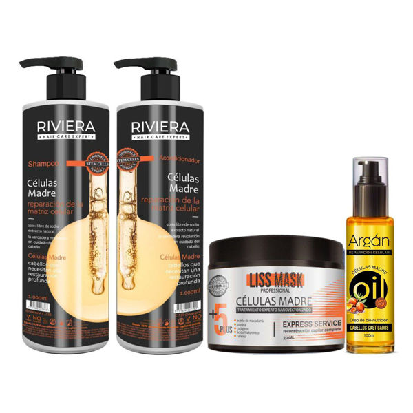 Imagen de Alisado De Células Madre Riviera 350gr + Shampoo Sin Sal 1L + Acondicionador Sin Sal 1L + Aceite Argán Oleo 100ml