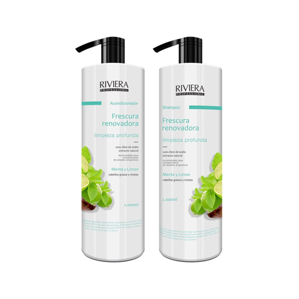 Imagen de Shampoo Sin Sal Riviera Menta y Limón 1L + Acondicionador Para Cabellos Grasos 1L