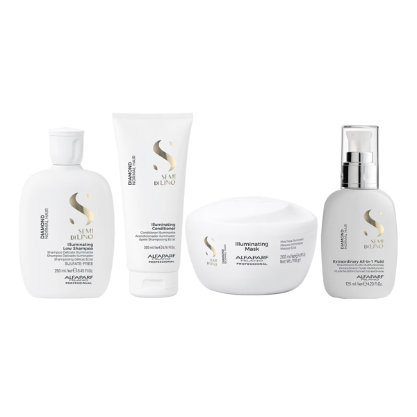 Imagen de Pack Alfaparf Semi Di Lino Diamond Illuminating Shampoo 250ml + Acondi 200ml + Máscara 200ml + Fuido 125ml